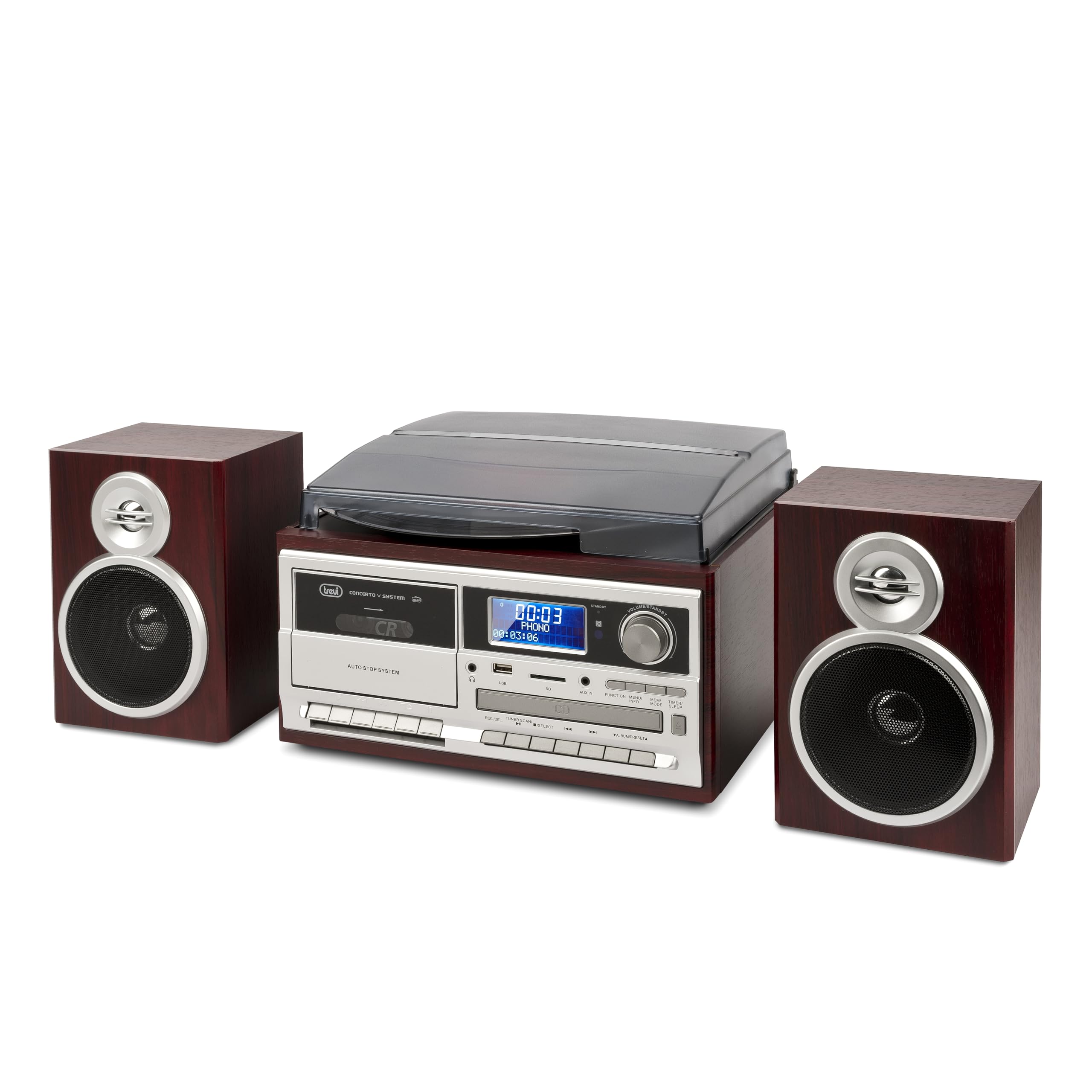 Trevi TT 1072 Dab, Platine Vinyle 33, 45 et 78 Tours, Lecteur Vinyle avec sans Fil, Lecteur CD et Mp3, USB et SD, 25 W, Radio numérique Dab/Dab+ FM, Prise Casque, caisses avec Bass Reflex, Bois