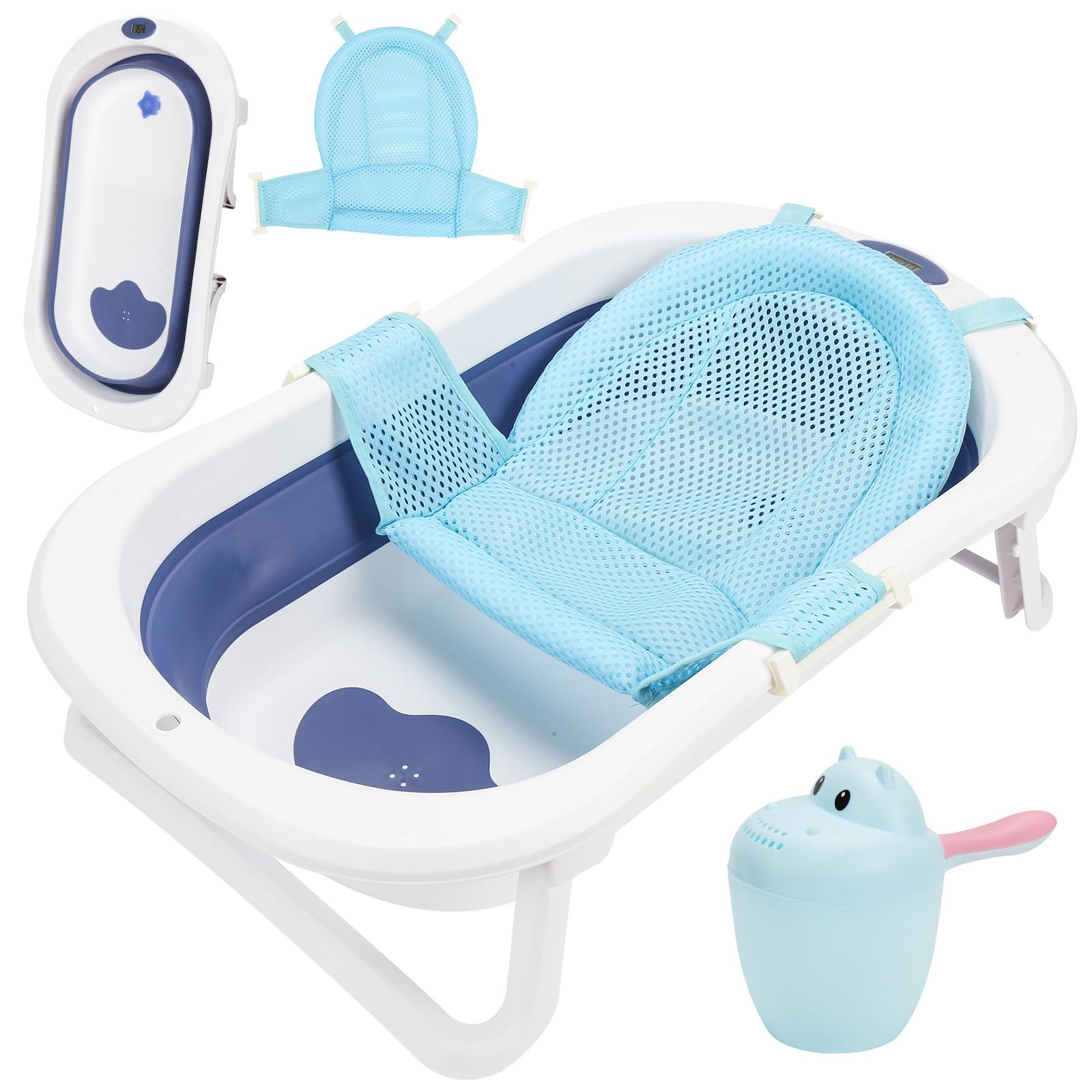 Navicella pieghevole blu 50L con inserto da bagno, termometro per acqua, tappo che cambia colore, fondo antiscivolo, vasca da bagno pieghevole per neonati da 0 a 6 anni