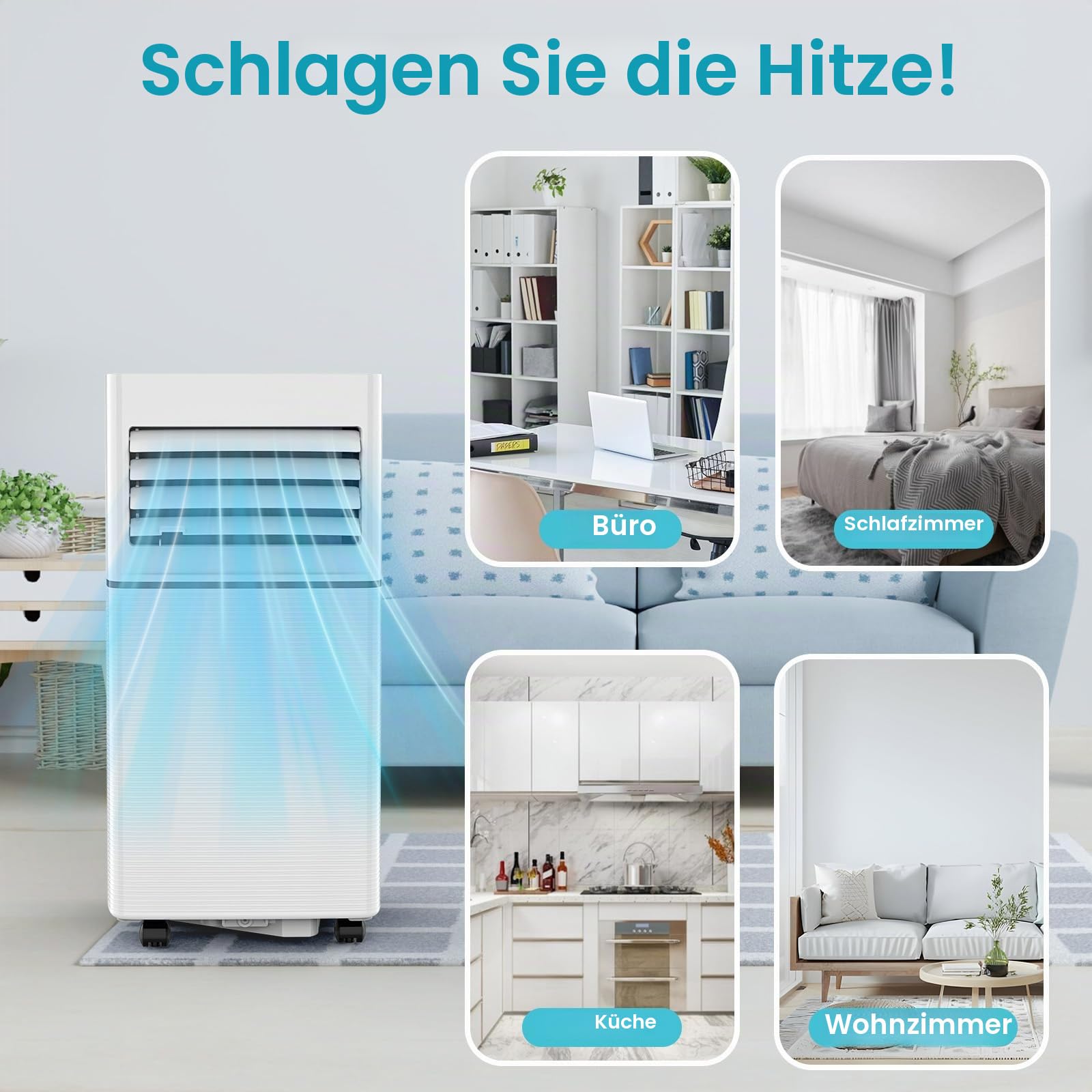 Electactic Mobile Klimagerät 10000 BTU leise für Schlafzimmer, Büro und kleine Räume, 3 in 1 Kühlung, Luftentfeuchter und Ventilator, automatische Verdunstung, 2 Geschwindigkeiten
