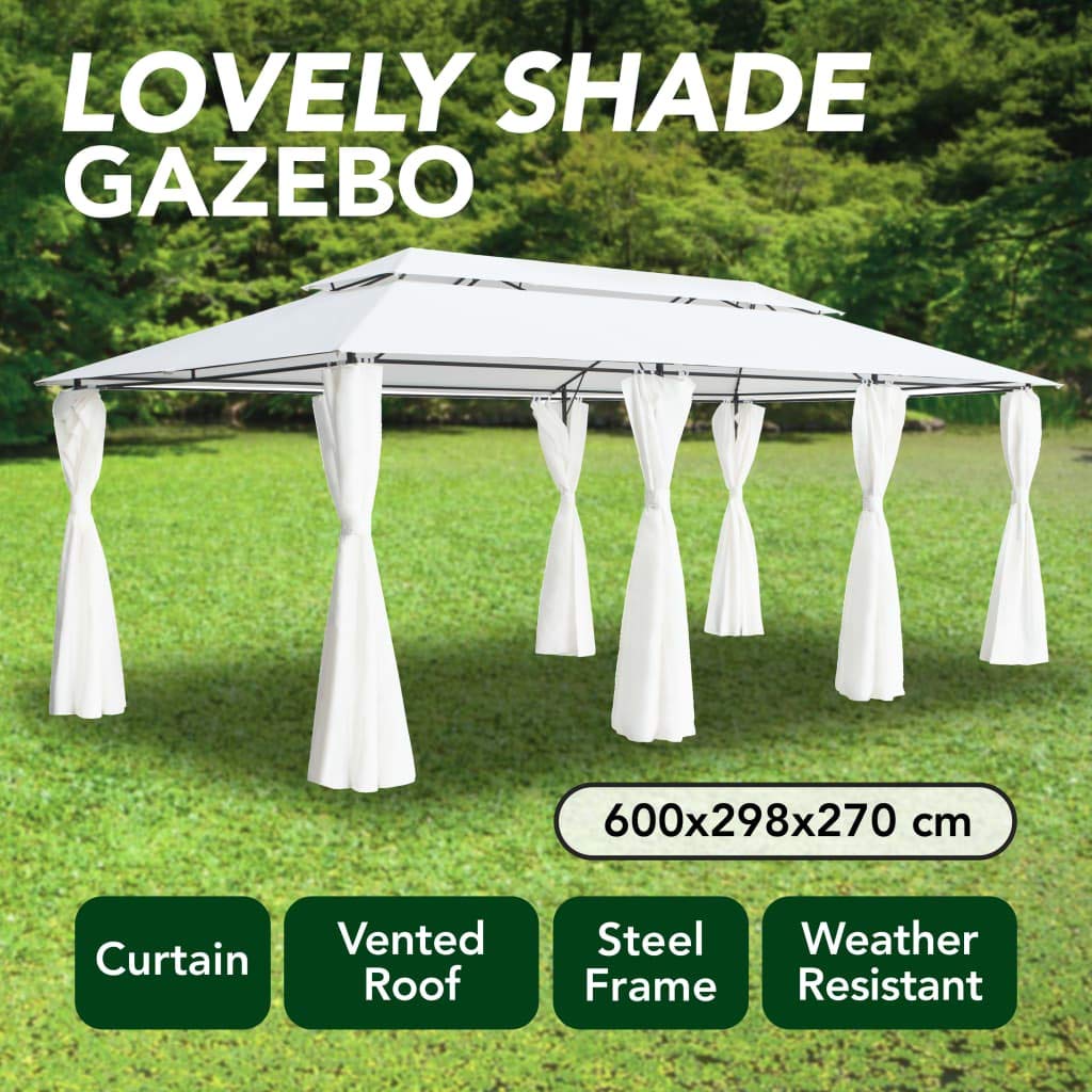 Pawilon ogrodowy z zasłonami, 600 x 298 x 270 cm, biały, 180 g/m², rura stalowa, namiot imprezowy, na taras, balkon, kemping, wesele, grillowanie, imprezę w ogrodzie