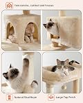 PEQULTI Arbre de chat pour grands chats avec grand perchoir haut, [56,3''=143cm] Tour multi-niveaux pour chats avec sac de couchage, étagères de chat avec des poteaux de scratching et 2 Maisons de condos, Beige, Arbre de couchage