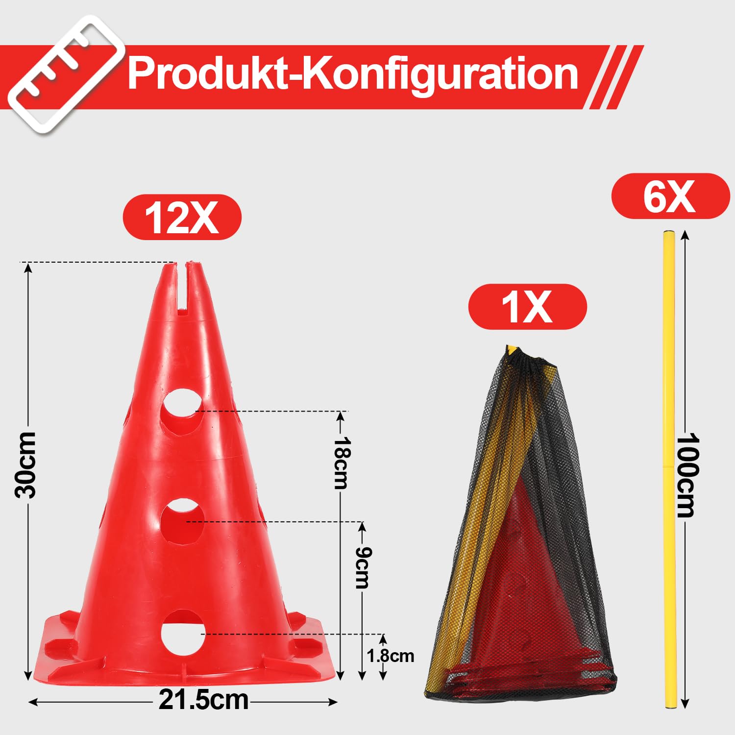 Steckhürdenset 12 Kegel mit 6 Stangen, Agility Hürden Steckhürden Set, Koordinationstraining für Kinder Hunde Teamsport Fussball, Multifunktionskegel, für Fußball, Hundesport