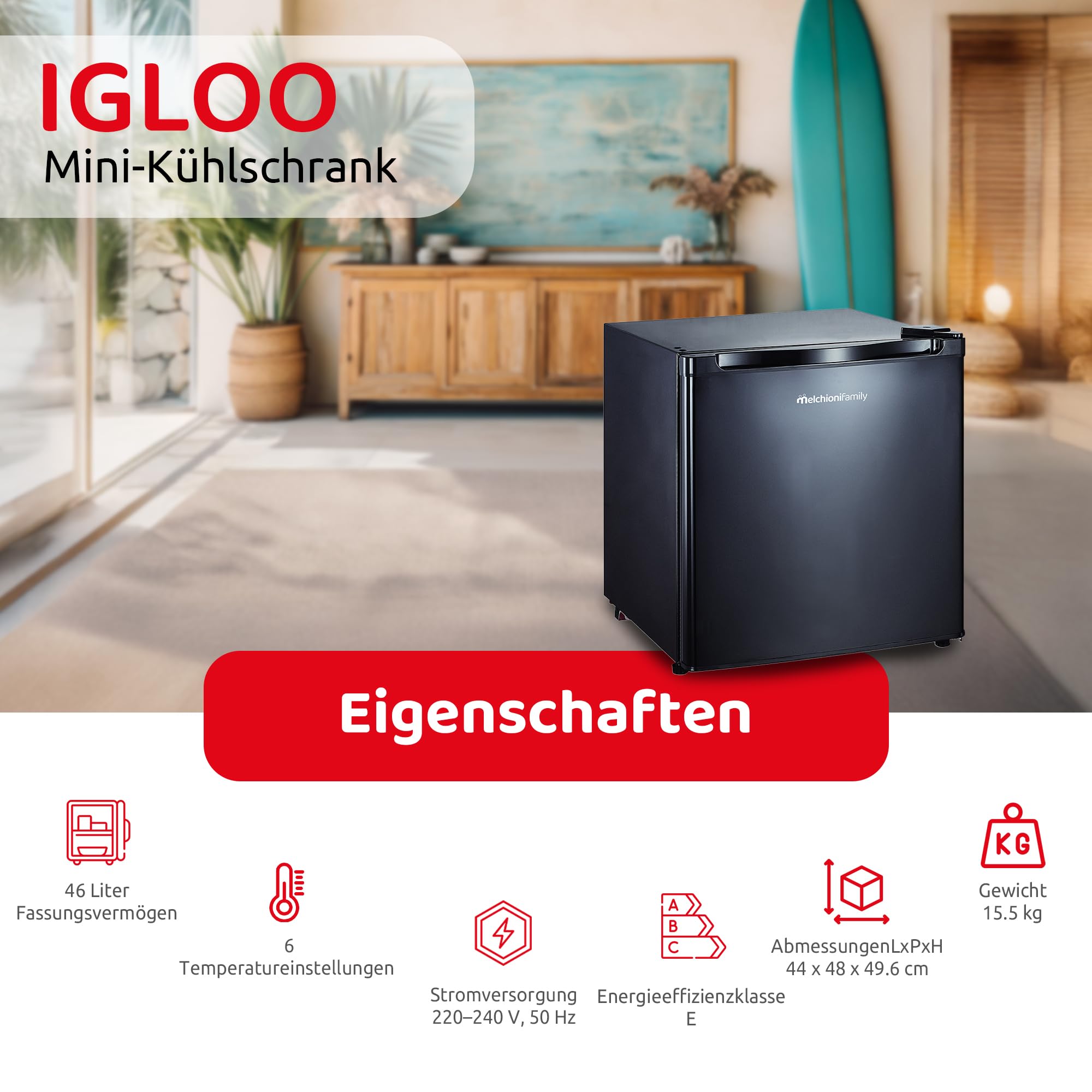 Familie Melchioni | Mini-Kühlschrank mit Kompressor 46L mit mechanischer Steuerung, 6 Temperaturstufen und extra Frischefach, kompakt, leistungsstark und effizient [Energieeffizienzklasse E]