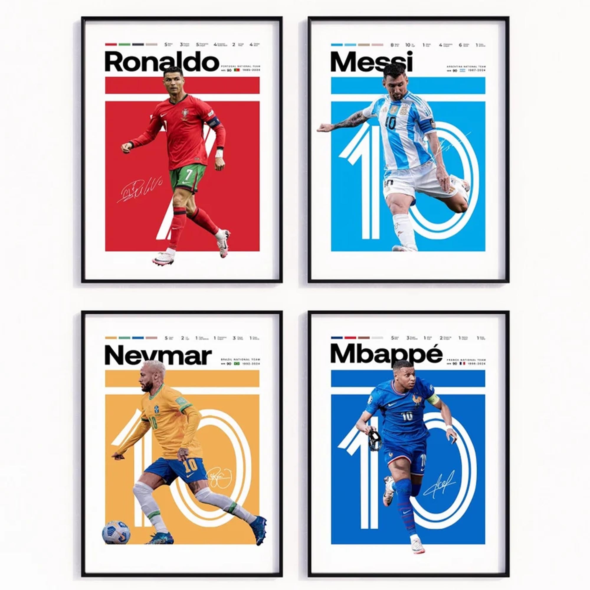 Messi Ronaldo Mbappé Neymar Poster, Unframed Set of 4 Minimalist Football Posters - Office Wall Art, Bedroom art (A2-42 x 59.4cm)