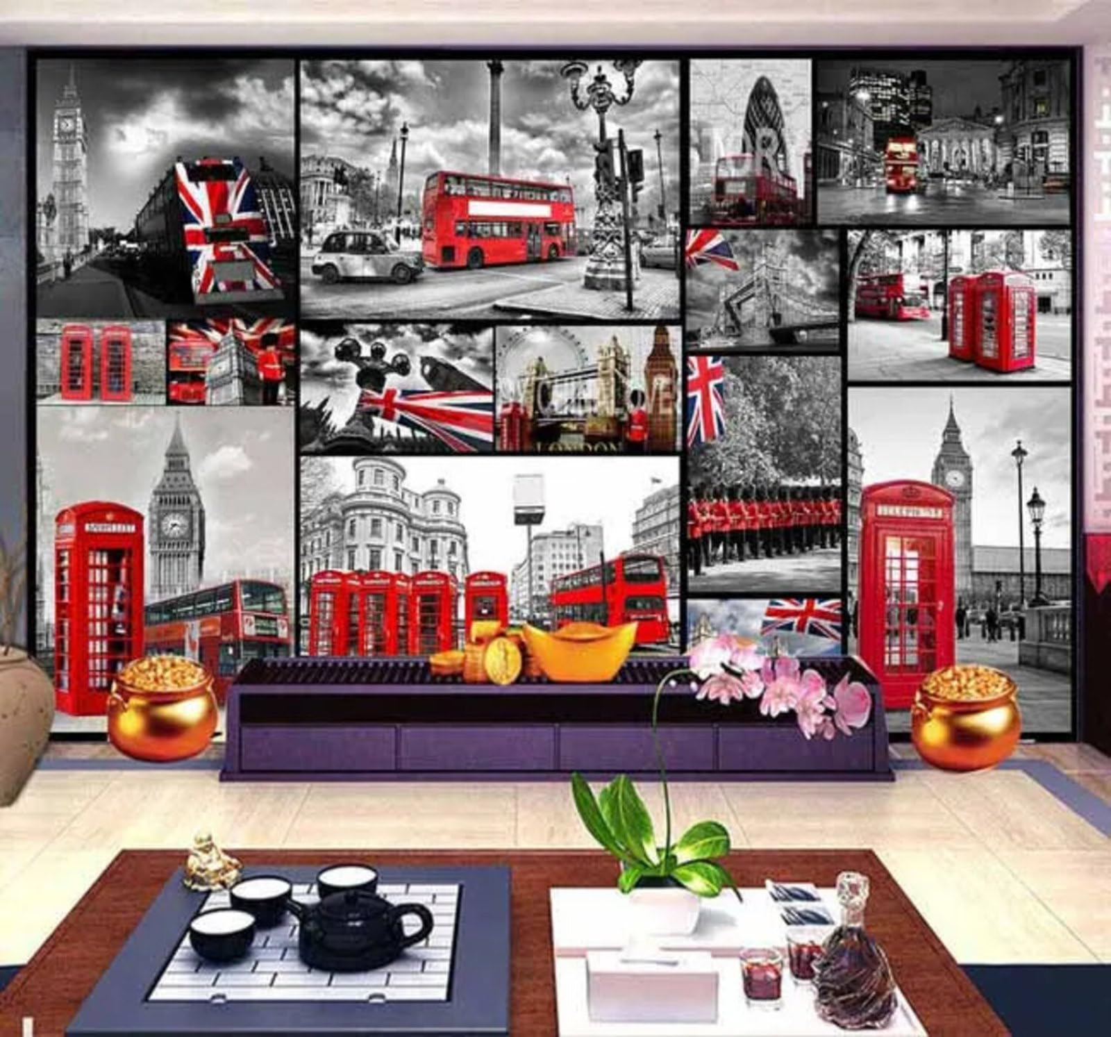 Wallpaper-3D-Xlm 250Cm×170Cm(B×H) Vintage Architecture Red Bus Telephone Box 3D Wallpaper Easy Install Feature Office Living Room Sofa Bedroom Tv Background Wall Decoration-250Cm×170Cm