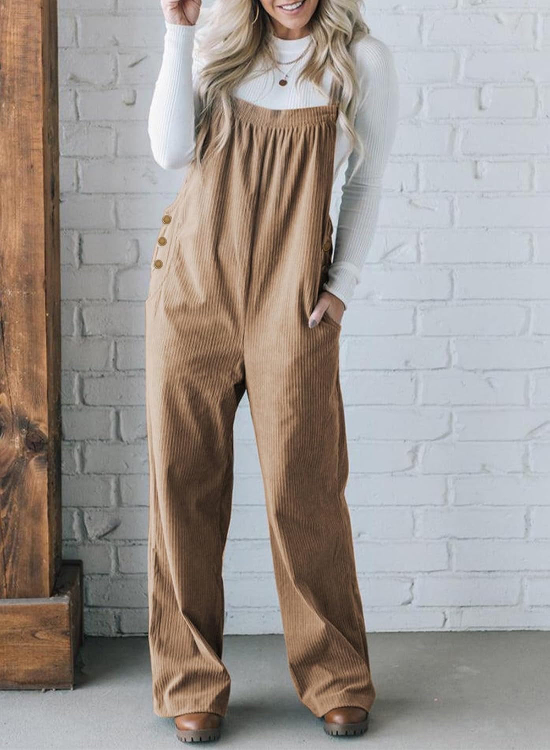 Happy Sailed Womens Corduroy Overalls Winter Fall Casual Sleeveless Adjustable Strap Wide Leg Long Pants Rompers - Image 5