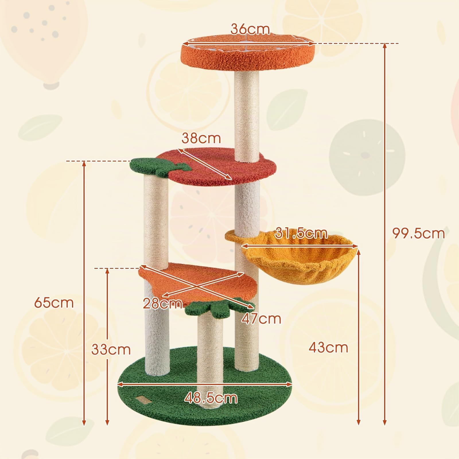 GOPLUS Árbol para Gato de Múltiples Niveles, Centro de Actividad con Plataformas en Forma de Frutas, Percha Acolchada, Postes para Rascar de Sisal, Cesta Giratoria, Mueble Torre Interior para Gatos