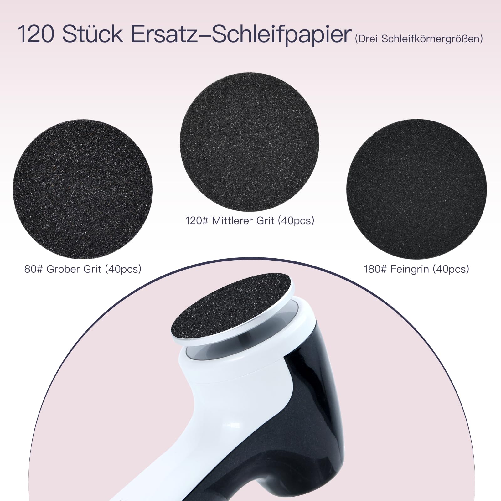 AprElm-E7 Professioneller Hornhautentferner Elektrisch & Fußpflege-Set – Wiederaufladbar, 1000 U/min mit 3 Geschwindigkeiten, 120 Schleifpapier in 3 Größen, für hornhaut entfernen（schwarz）
