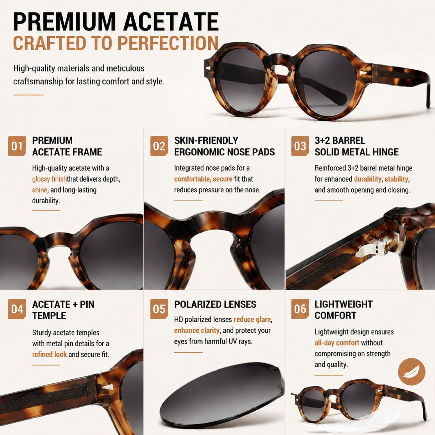 ROCKNIGHT Gafas de sol polarizadas de acetato de diseño retro italiano, unisex, protección UV, marco duradero para cara pequeña y mediana