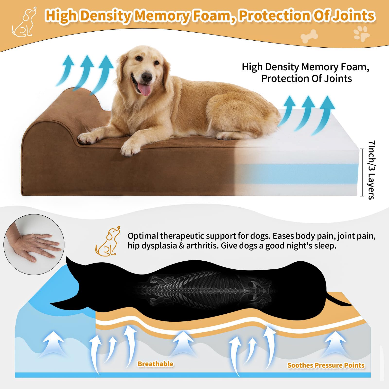 Rainmr Orthopedic Dog Beds for Large Dogs, 7" Memory Foam Dog Beds with Waterproof Liner, Durable Microsuede Cover, Removable and Washable, Nonskid Bottom, 48"x30"x7" L Chocolate - image 2