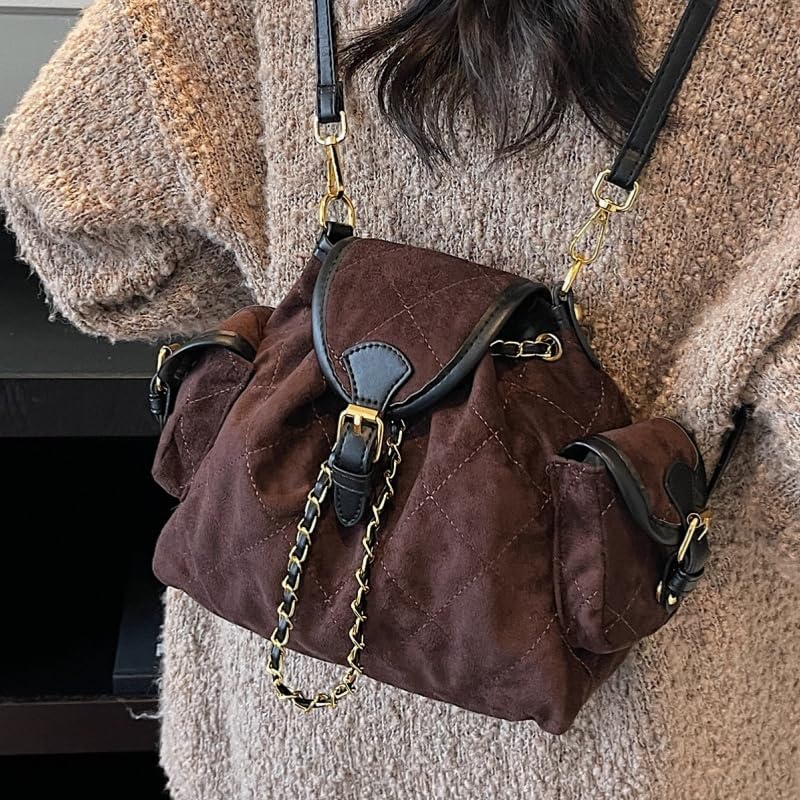 Women's Suede Backpack,Stylish Casual Soft Shoulder Bag,Quilted Design Retro Large Capacity Satchels with Gold Chain - Image 2