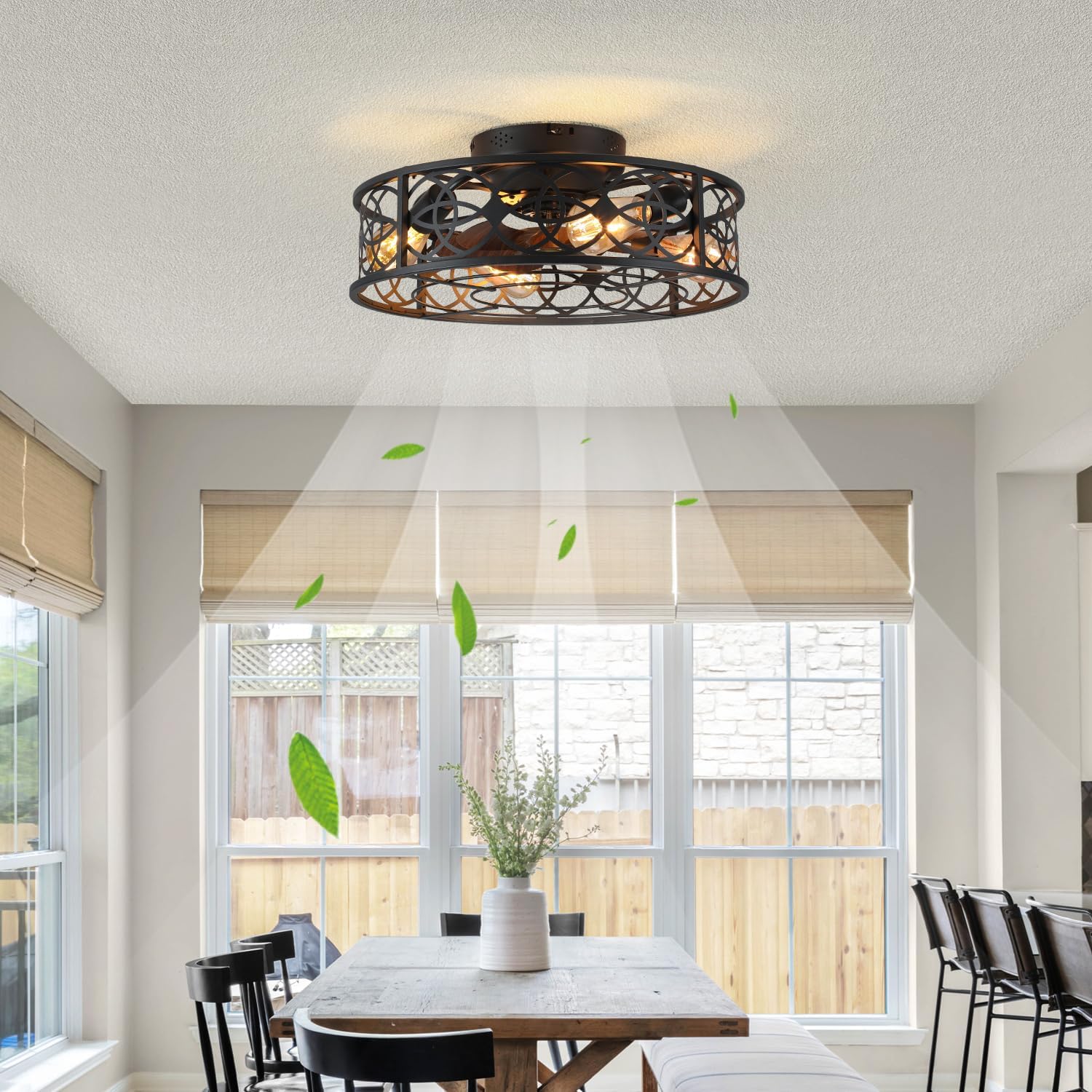 20" Caged Ceiling Fans with Lights Remote Control Low Profile Flush Mount Ceiling Fan,Farmhouse Bladeless Black Ceiling Fan with Light 4 Bulbs 6 Speed Reversible for Kitchen,Bedroom