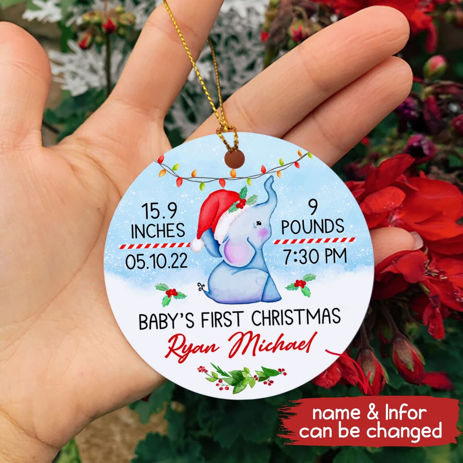 Personalized Elephant Baby Info Christmas Circle Ornament, 2025 Baby Christmas Ornament, 2025 Newborn Baby Gifts, Customized Elephant Babys 1st Year Ornaments Custom Name 2025 Xmas Tree Decoration