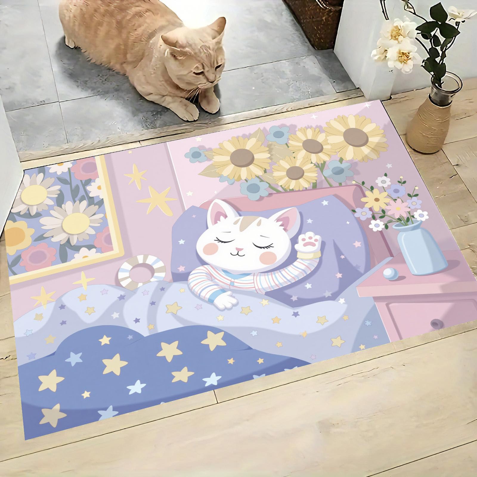 Tapis de porte d'entrée chat mignon paillasson absorbant l'eau bleu poudré