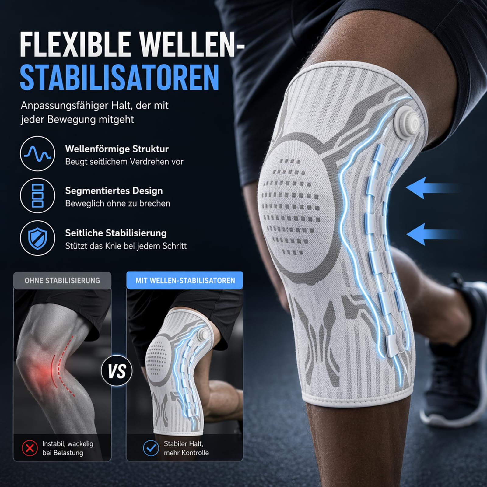 Vilaoknie Bandage - Sport Bandage mit Patellaring & Stabilisierungsbändern zur Kompression - Knieorthese Knieschoner, Knieunterstützung beim Fitness & Alltag (Ein schwarzes Paar, XL)