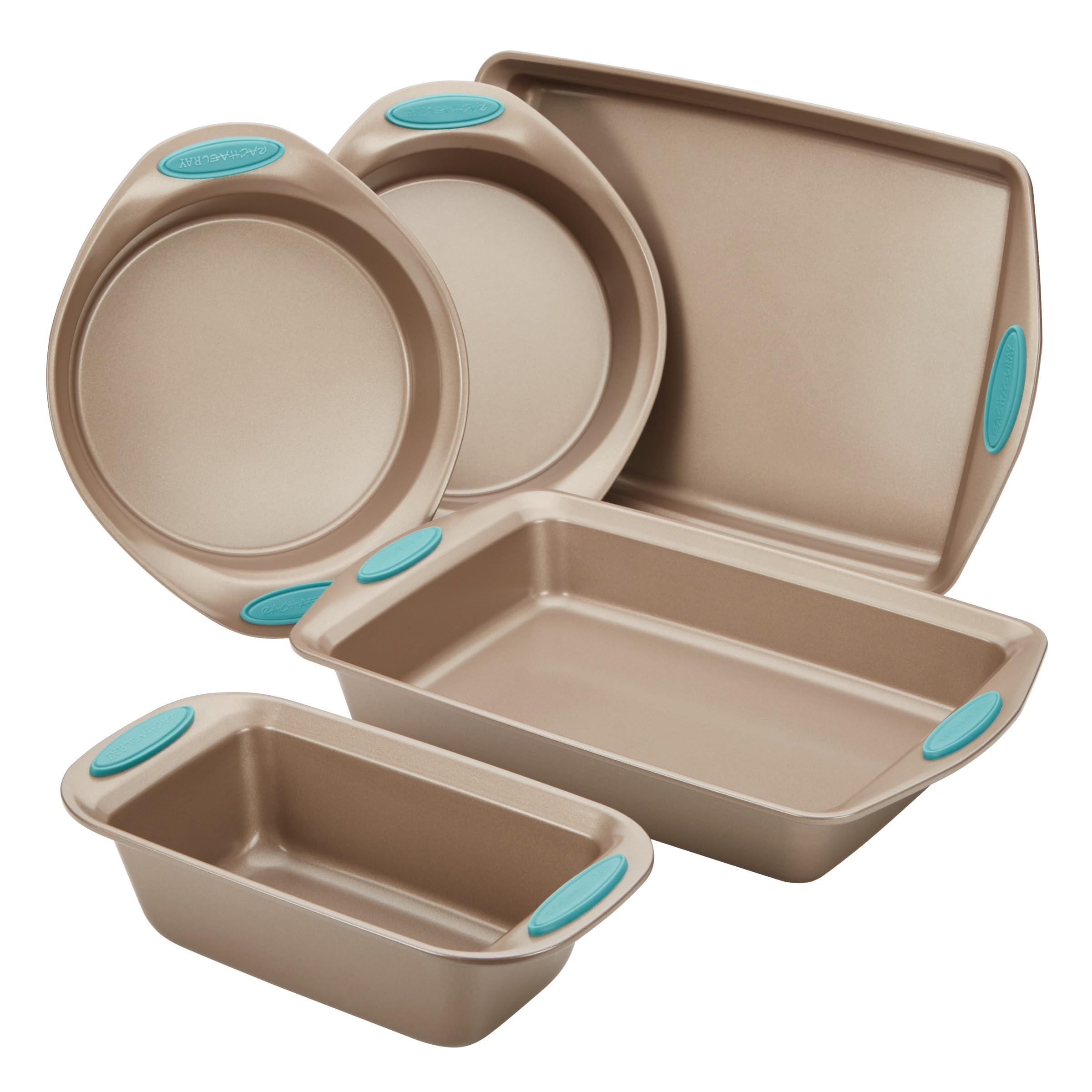 Rachael Ray Cucina Bakeware Set Includes Nonstick Bread Baking Cookie Sheet and Cake Pans, 5 Piece, Latte Brown with Agave Blue Grips
