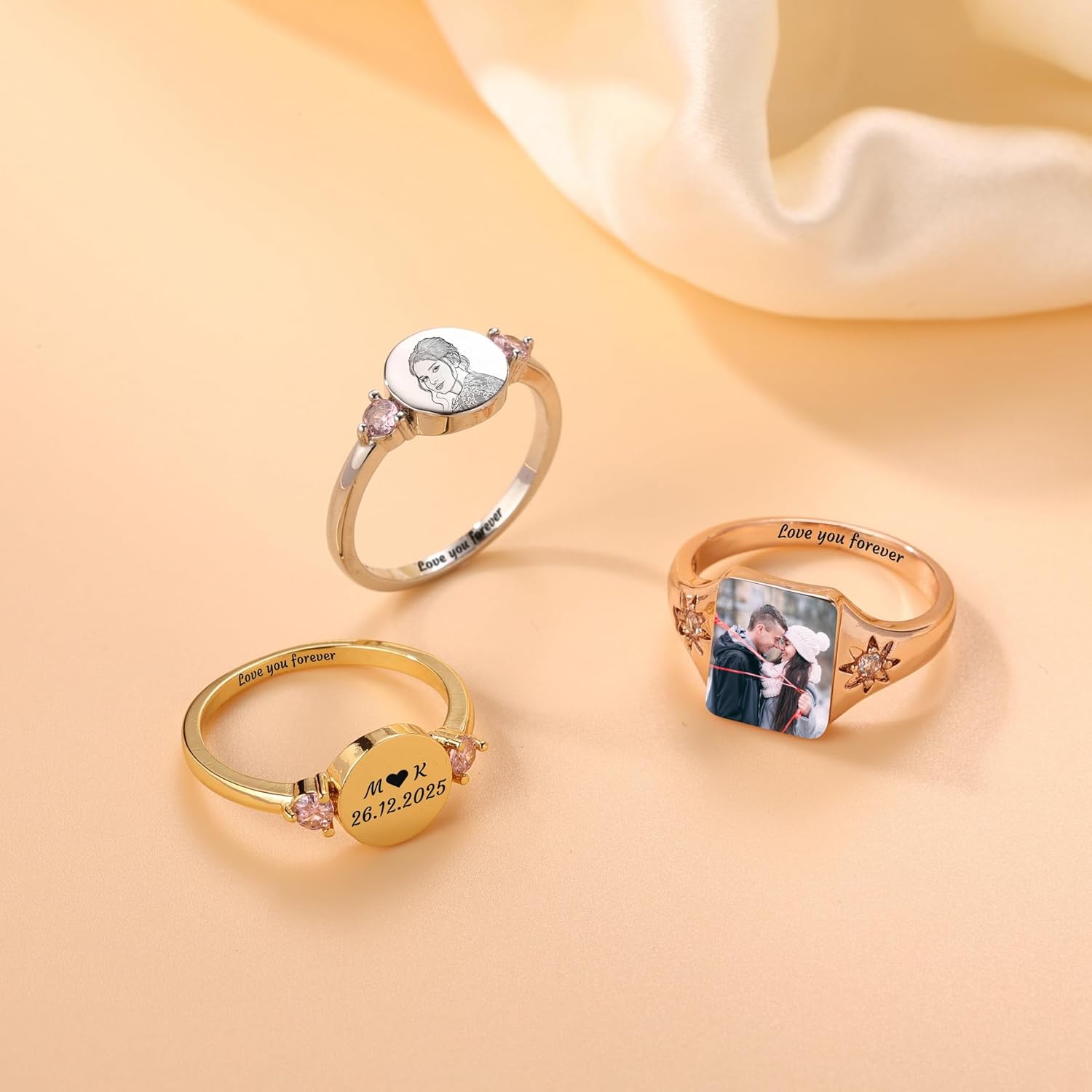 MMXX Personalized Birthstone Rings for Women - Personalized Photo & Name Promise Ring with Engraving Photo or Text Option Memorial Jewelry Gift for Lovers Mothers Women (Size 5-11)