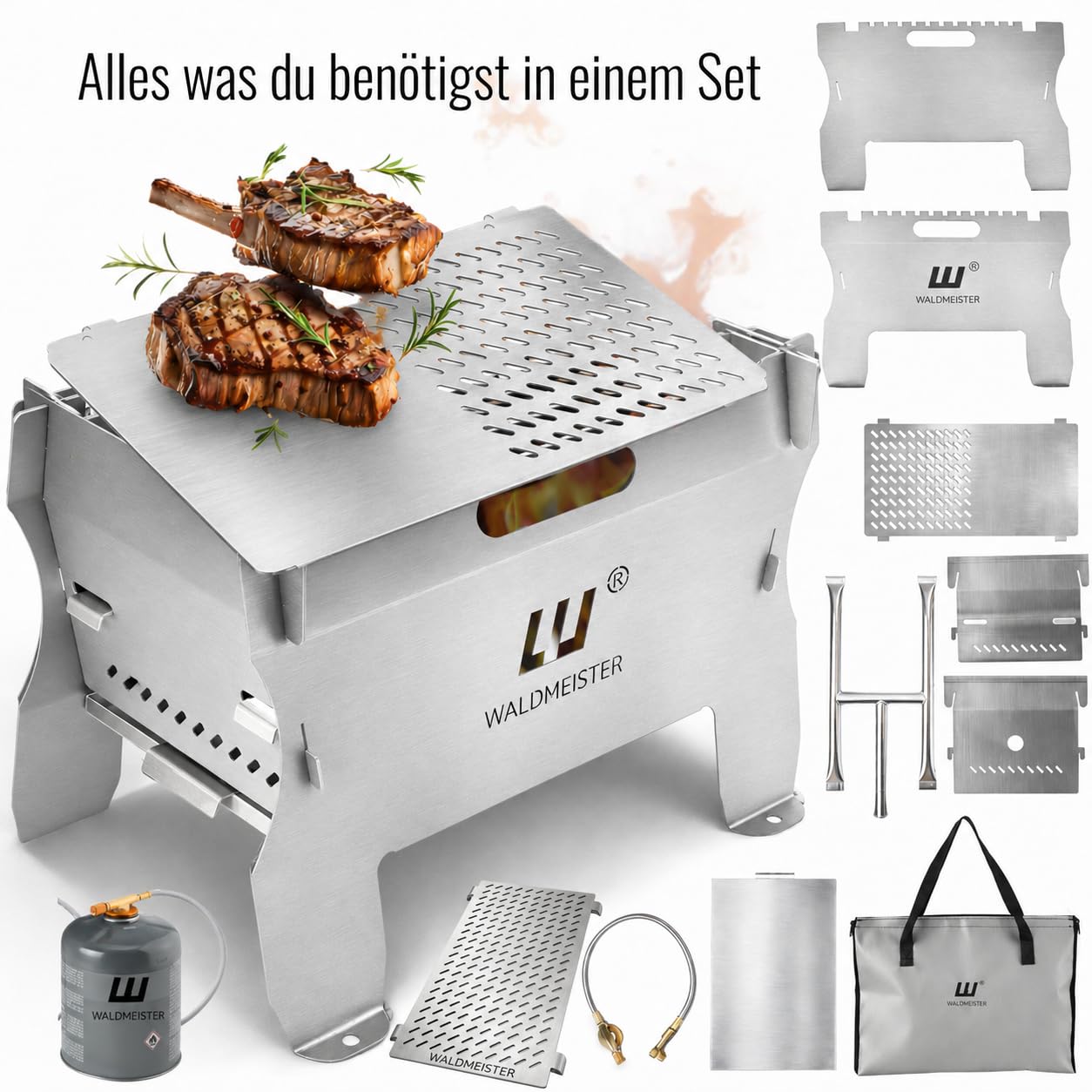 WALDMEISTER BruzzLee mobiler Gasgrill klein | kompakter Camping Gasgrill mit 2 Brennern | Kompaktgrill steckbar | Tischgrill für Camping, Balkon, Outdoor