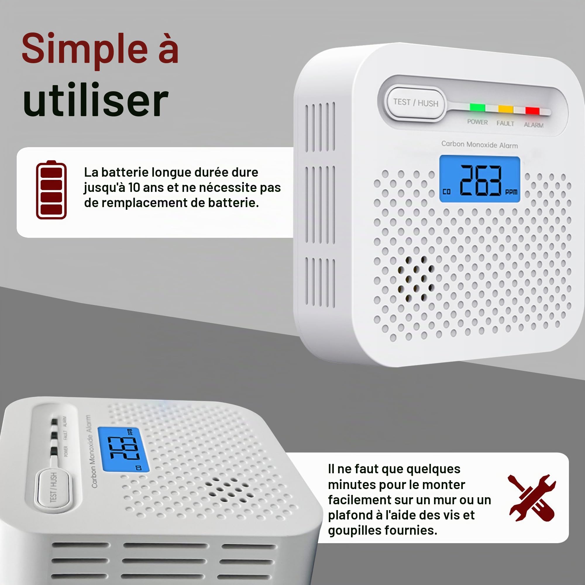 Détecteur de monoxyde de carbone intelligent, alarme de monoxyde de carbone WiFi pour la maison, surveillance à distance par app de détecteur d’alarme CO avec batterie de 10 ans, compatible Alexa.1PCS