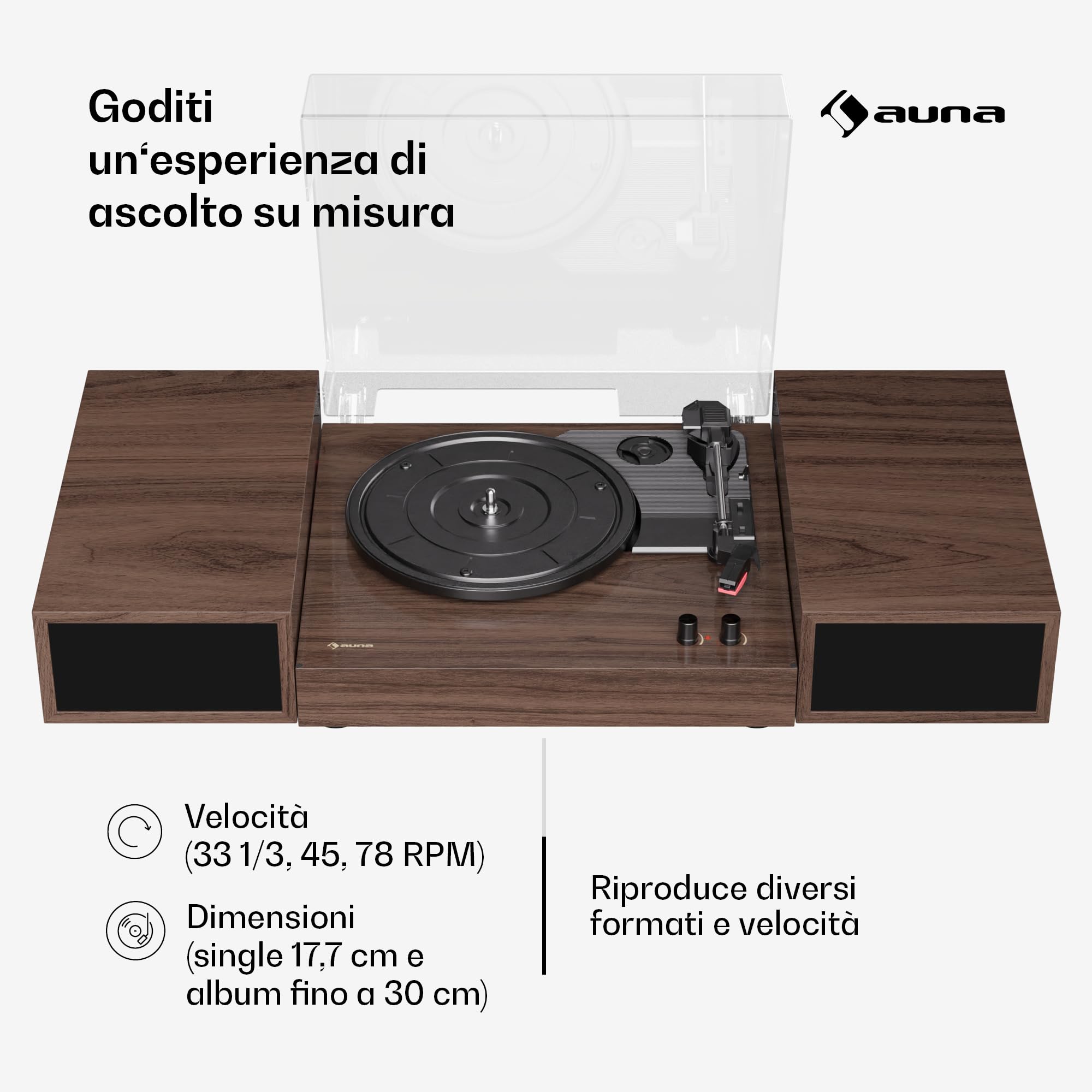 TT-Play - Giradischi Bluetooth, 3 Velocità, Altoparlanti Integrati: 2x10W, 33/45/78 RPM, Design Moderno, RCA-Out, Potenza Massima: 24W, Legno Scuro