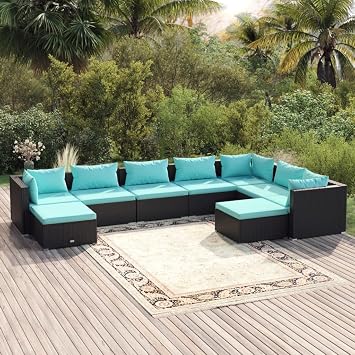 Garden Lounge Set Black, 9 Person Outdoor Patio Furniture Conversation Sofa with Water Blue Cushions for Balcony & Deck