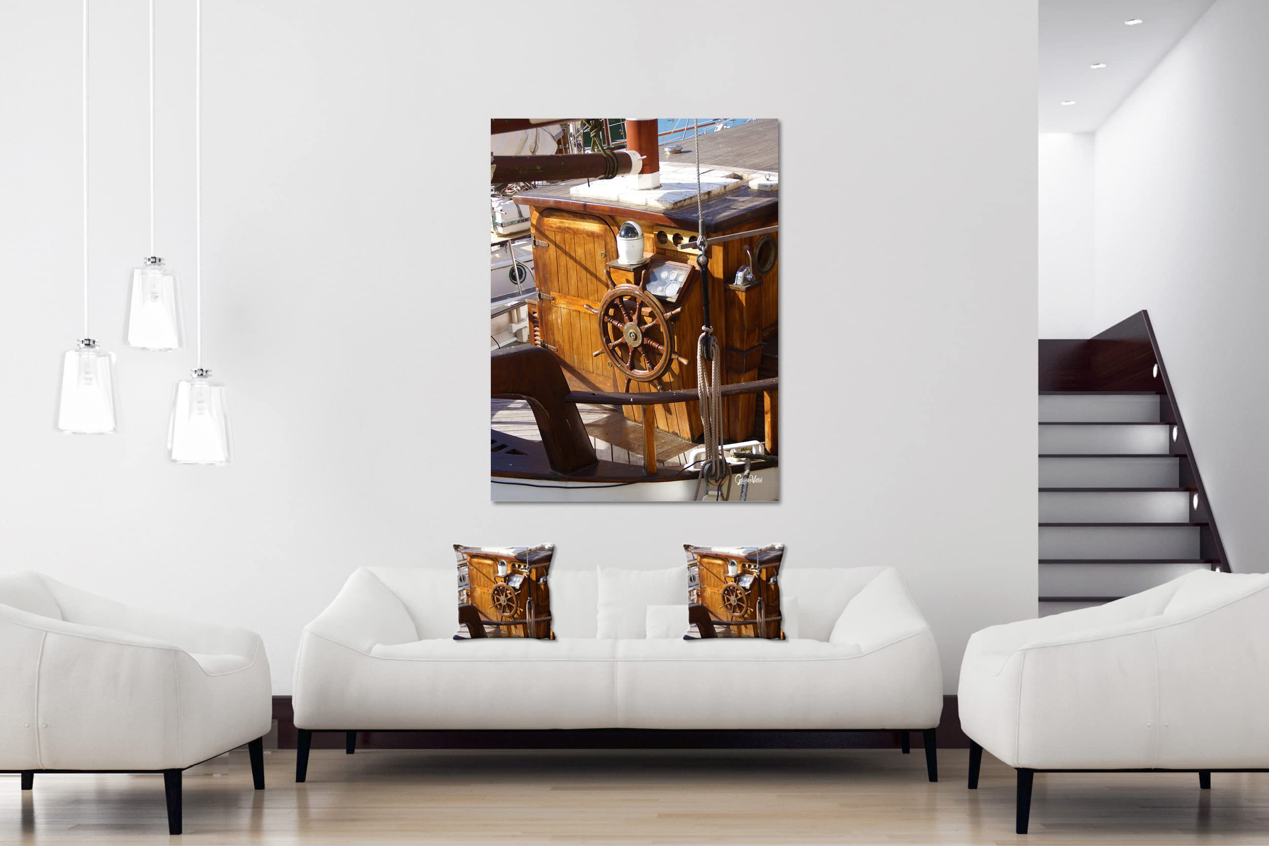 Segel-Schiff 6 - Foto-Kissen-Hülle Set (2 STK.) 40 x 40 cm | Kissen-Bezüge - passend zu Wandbild - Deko-Kissen - Segel-Boot Holz Meer Steuerrad maritim