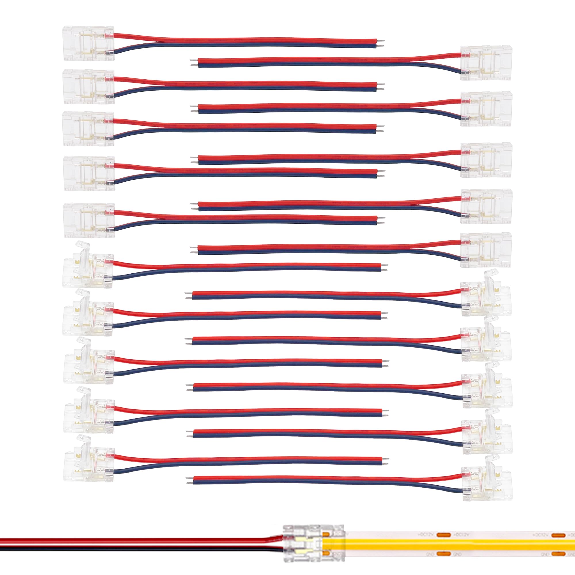 Clearhill White 10Mm Cob Led Strip Connectors,2-Pin 20Packs Solderless Strip To Wire Connectors + 10Cm Cable-Gapless Connection For 10Mm Single Color Cob Led Strips