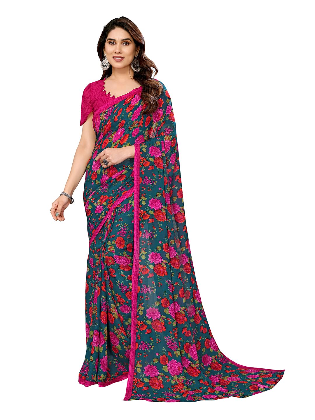 anand sarees Women's Floral Print Bollywood Georgette Saree with Matching Blouse Piece | Stylish & Beautiful Fancy Saree for Festivals, Wedding, Parties, Casual Outings (Dark Green)-picture-37