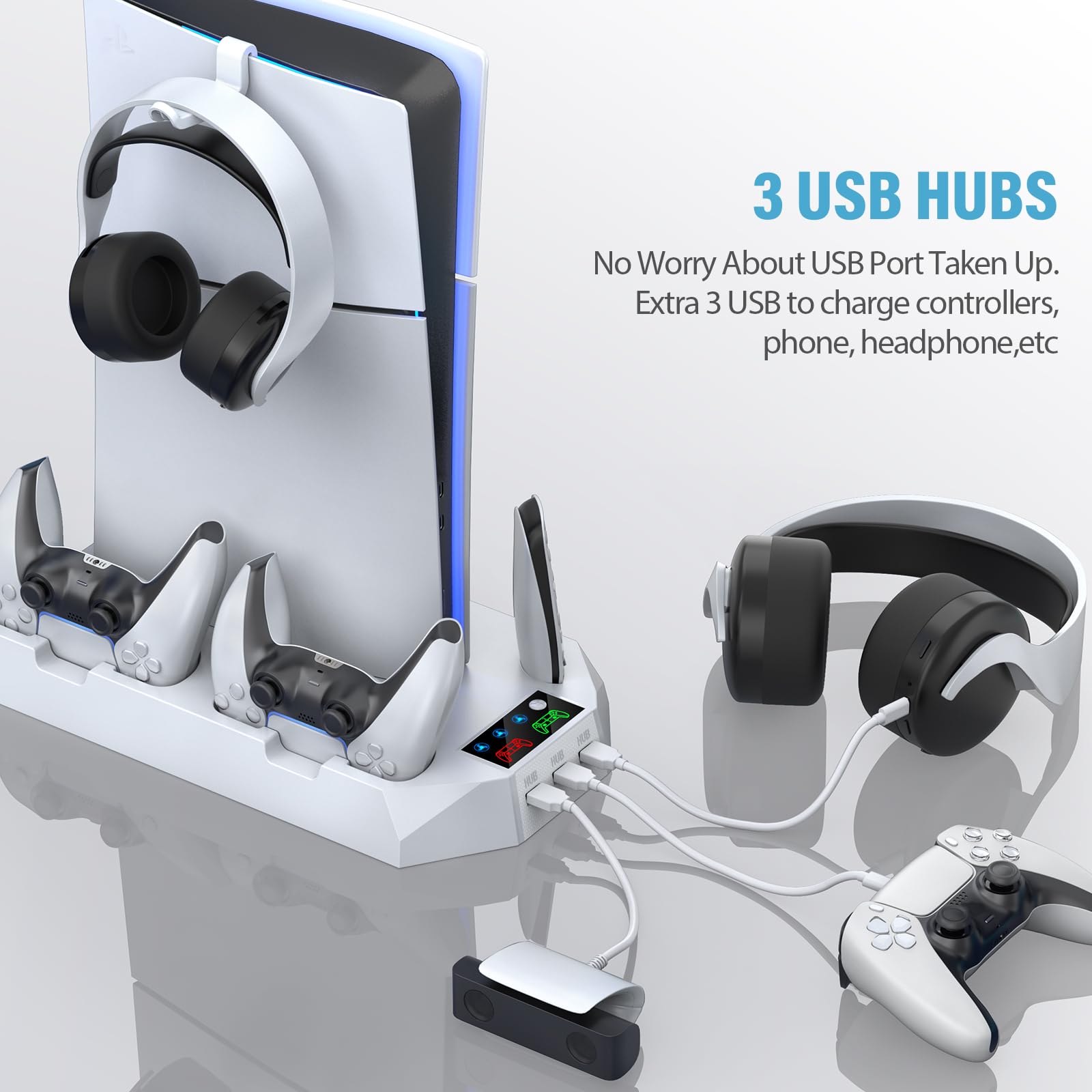 PS5 Slim Stand e stazione di raffreddamento con controller stazione di ricarica per Playsation 5 Slim & Standard Disc/Digital Console, PS5 Accessori Incl. Controller Charger/Turbo Fan/3 USB Hub