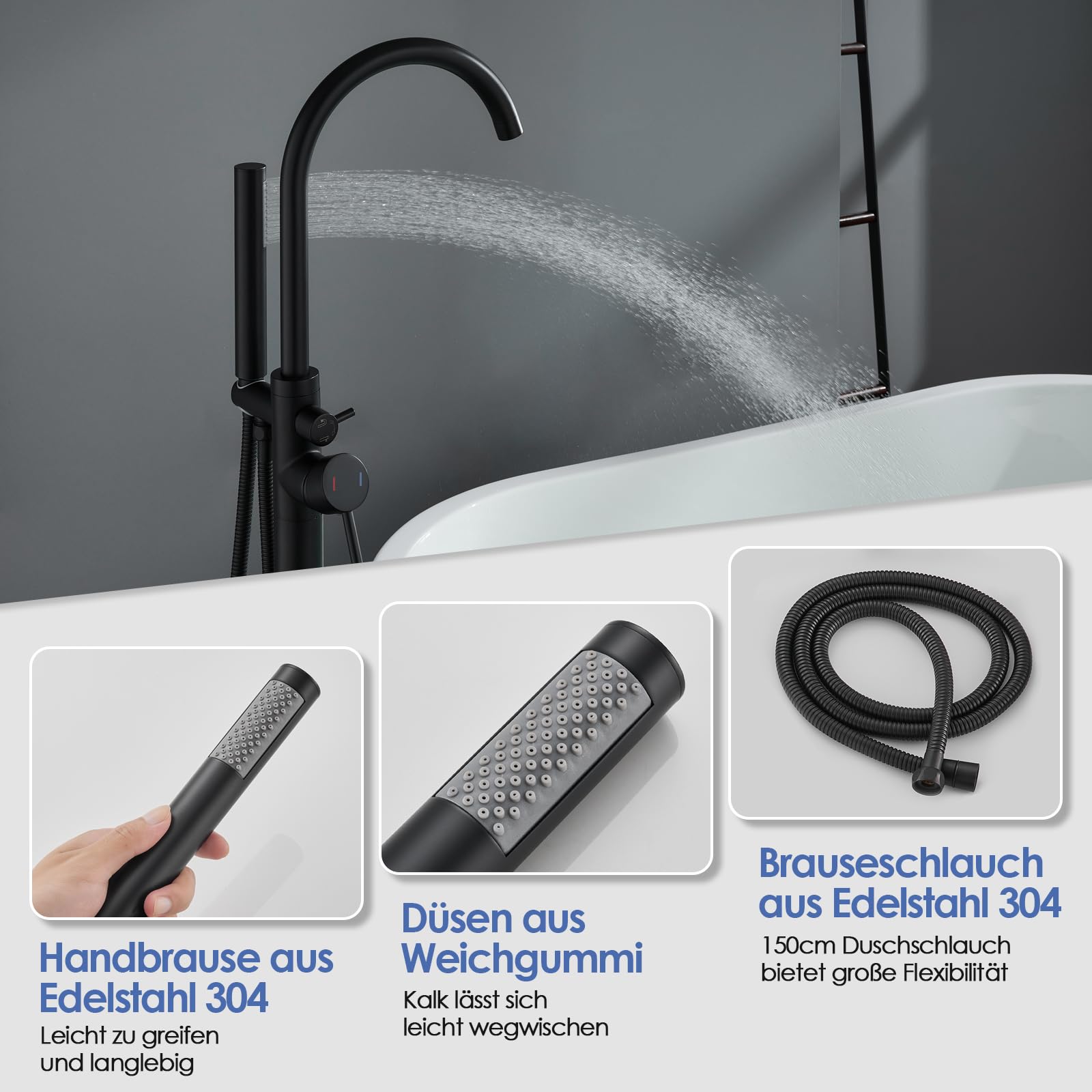 ROVOGO Ganzmetall Freistehende Badewannenarmatur Schwarz mit Handbrause, 360° Schwenkbar Messing Wannenarmatur mit Brause für Freistehende Badewanne, Bodenmontage, Einhebelmischer Armatur Badewanne