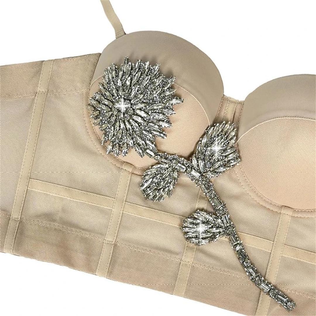 Yeuyyben Canotta da donna con strass e fiori, senza maniche, con schiena scoperta, aderente, elegante, estiva, alla moda