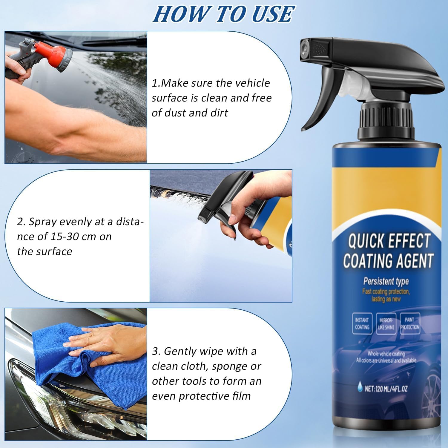 Nano Quick Effect Coating Agent, Beschichtungsspray Auto, 3-in-1 Hoch Schutz Schnelles Auto-Beschichtungs Spray für glanz und schutz, Integriert Wiederherstellung, Aufhellung Und Schutz (5 PCS)