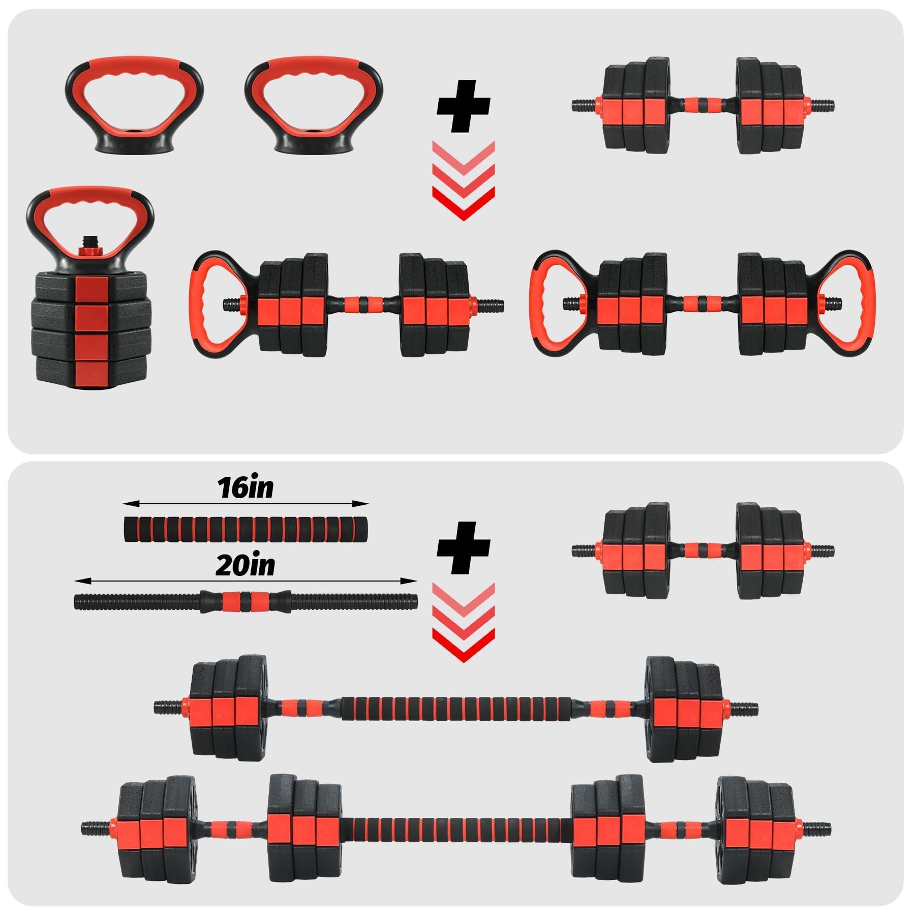 3-in-1 Adjustable Dumbbell Set 66lbs, Free Weights for Home Gym with Anti-Slip Handle & Connector, Barbell/Kettlebell/Dumbbell Combo for Men Women