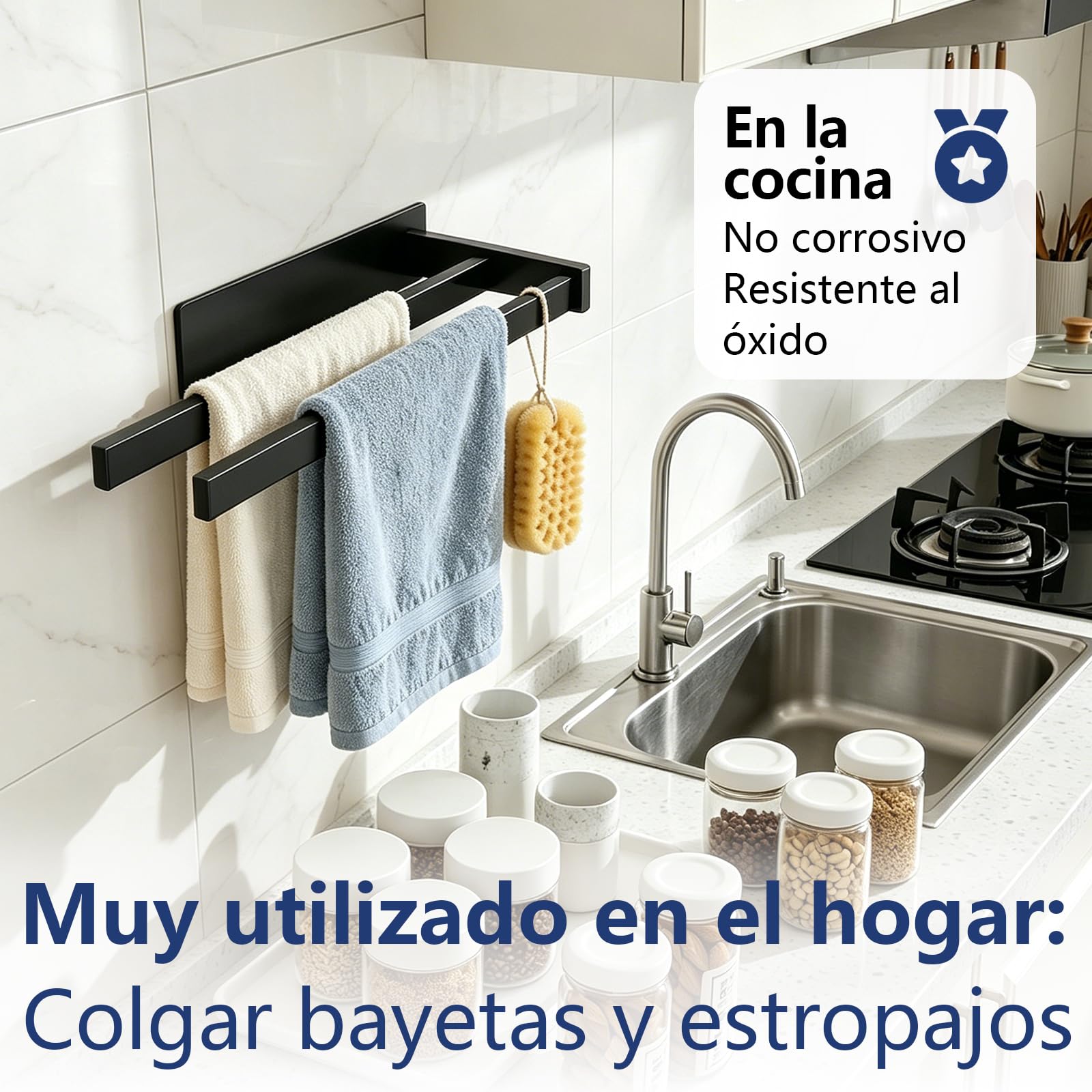 Feligio Toalleros de Baño Sin Taladro Negro 36 cm - Toallero Adhesivo Baño Acero Inoxidable Doble Barra - Fácil Instalación para Cocina y Baño