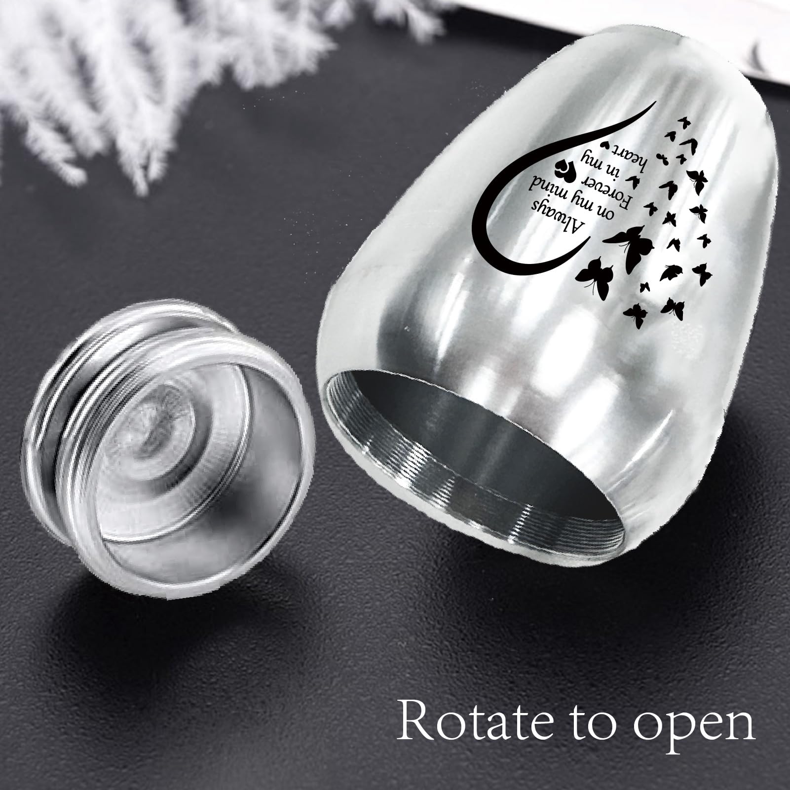 CREATCABIN Small Urn for Ashes Butterfly Mini Urn for Ashes Aluminum Ashes Holder Funeral Cremation Engraved Word with Velvet Bag Memorial Gift for Mom Dad Family 2.6x1.8 Inch Forever in My Heart - Image 4