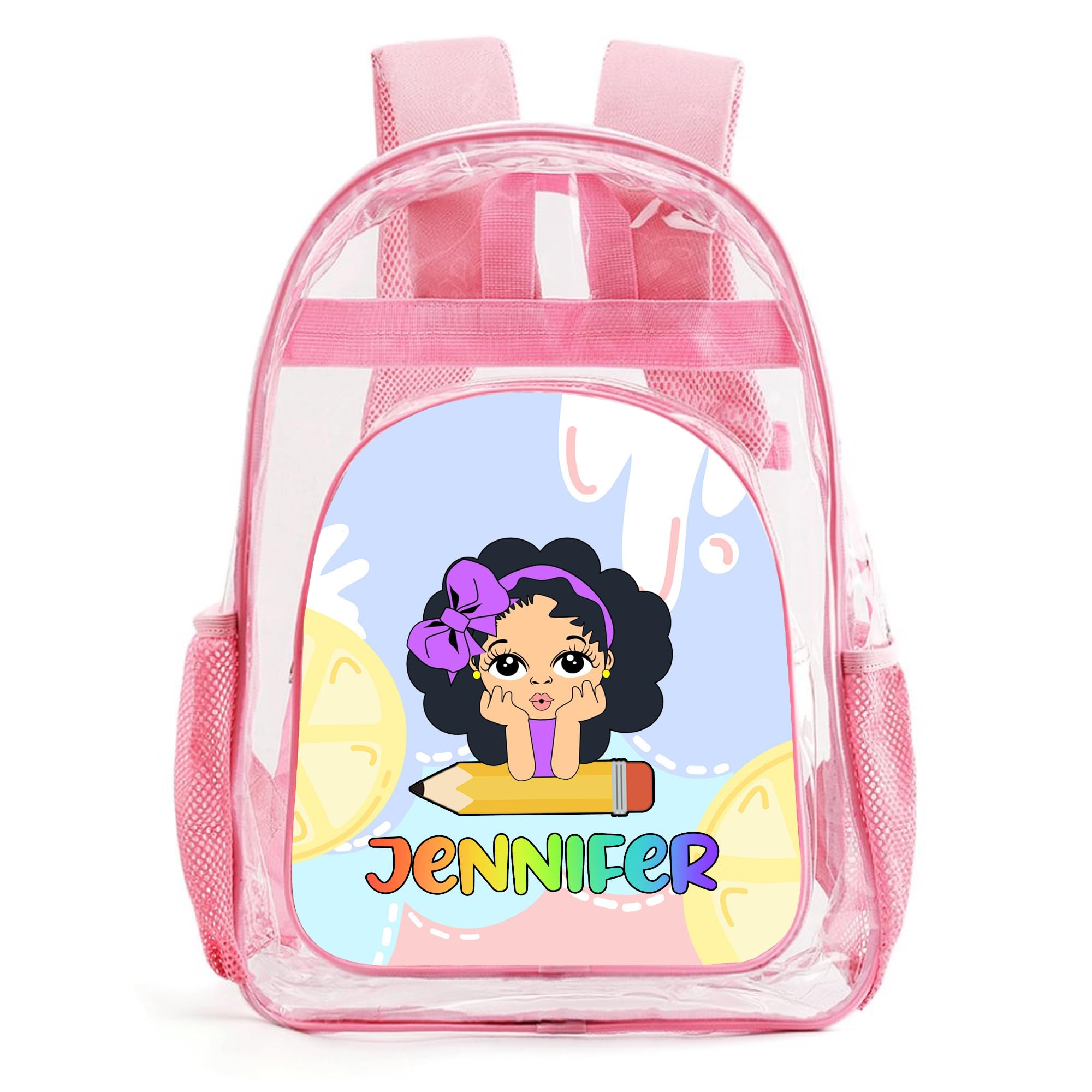 Lcyawer Customized Cute Girls Clear Backpack, Personalized Kid Bookbag with Name, Heavy Duty Transparent Backpack with Reinforced Strap, Back to