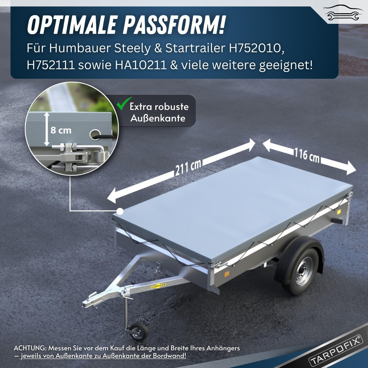 Tarpofix® Anhänger Plane 211x116 cm inkl. Planenseil | Anhängerplane Flachplane aus PVC PLANENMATERIAL | Verstärkte Humbaur Hänger Abdeckplane für 750kg PKW Autoanhänger | Anhänger Zubehör | Grau