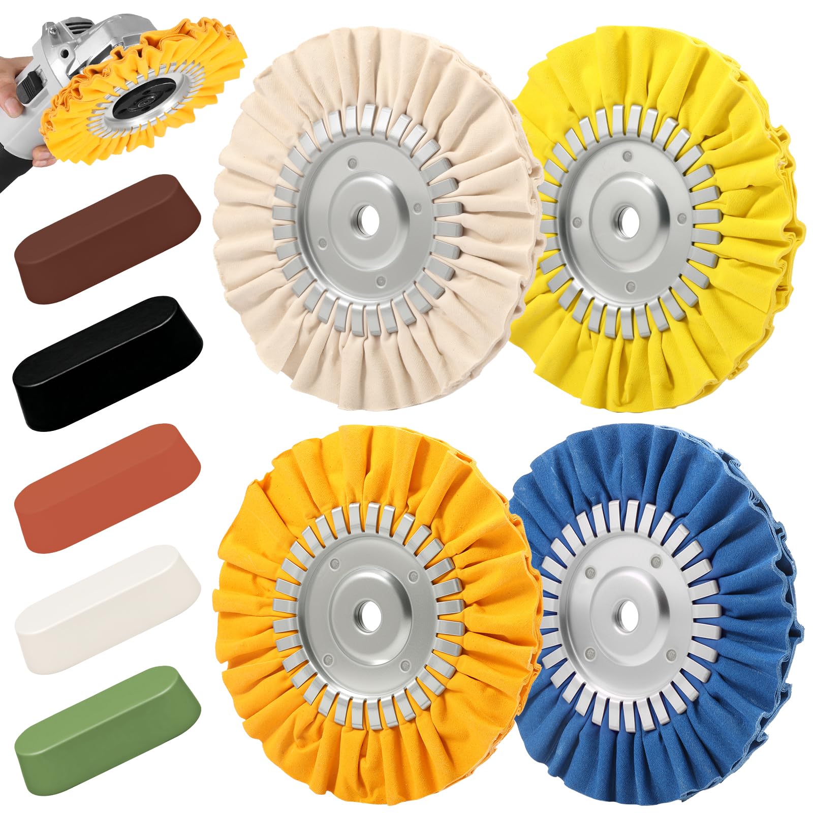 Lulobtg Colour Mixture 8" Airway Buffing Wheel 9Pcs Aluminum Wheel Polishing Kit In Diameter 5/8 Inch Arbor Hole Polishing Compound And Metal Polish Kit For Angle Grinder