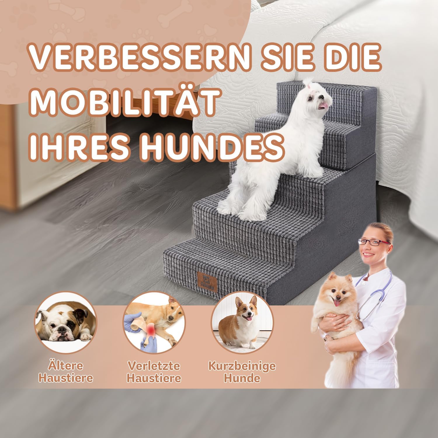 Sytopia Escalera para perros grandes, 5 peldaños de altura, para cama de 60 cm, lavable, espuma de alta densidad, para perros mayores heridos (57 cm de altura, gris)