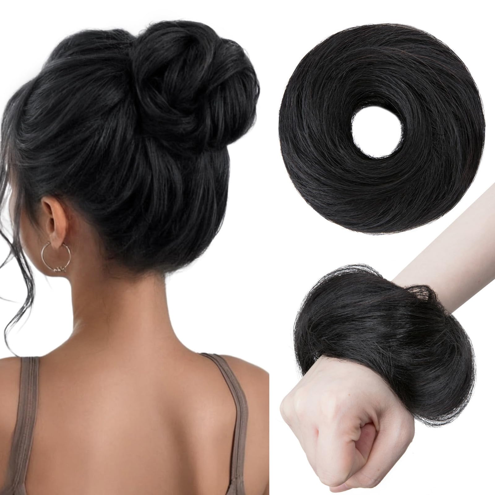 TESS Real Human Hair Bun Elastic Easy Scrunchies Hairpiece Updo Ponytail Extensions Hair Accessories for Women UK #01 Jet Black