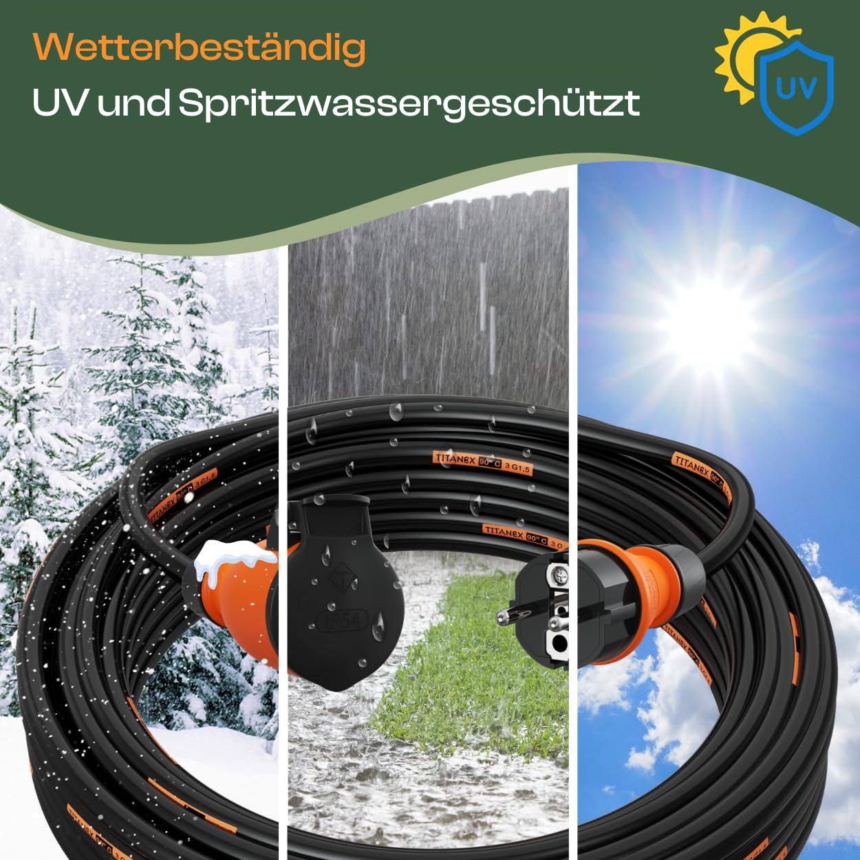 Verlängerungskabel 25 Meter IP54 Außen Verlängerung 25m Stromkabel Außenbereich Kabel Strom Verlaengerungskabel Gummikabel TITANEX 3x1,5 Schuko Outdoor Extension Cord