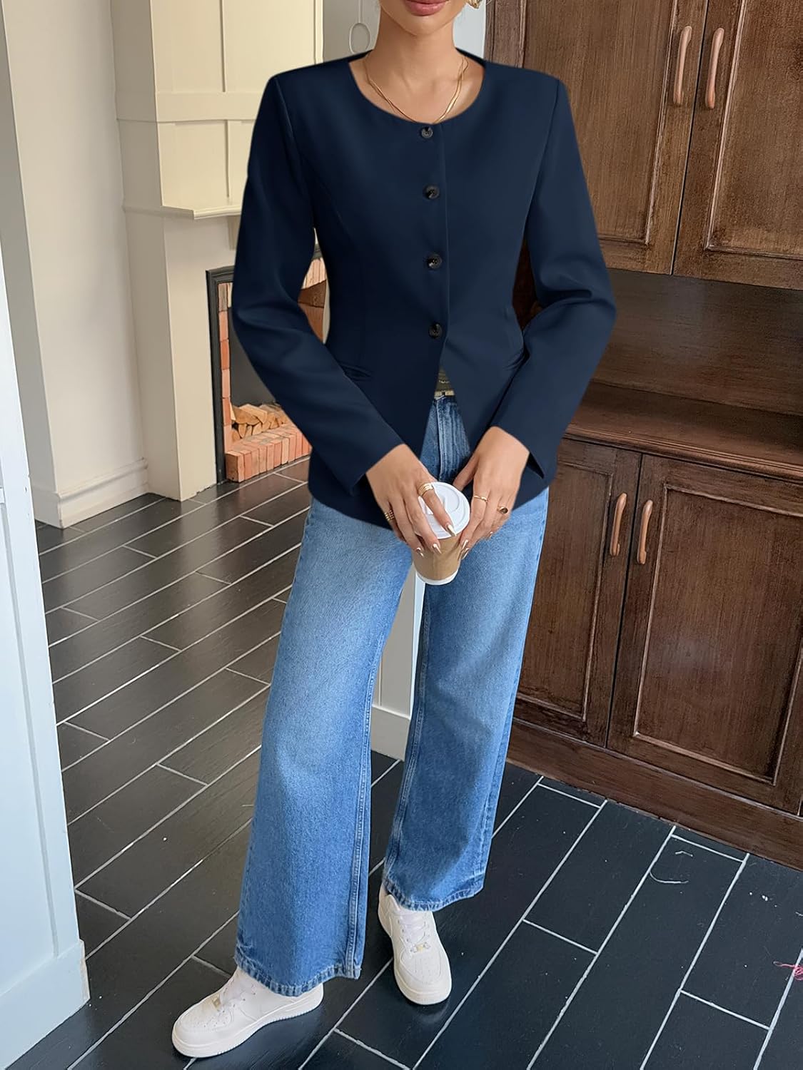 Cicy Bell Womens Business Casual Fitted Blazers Collarless Split Hem Work Office Button Down Suit Jackets - Image 4