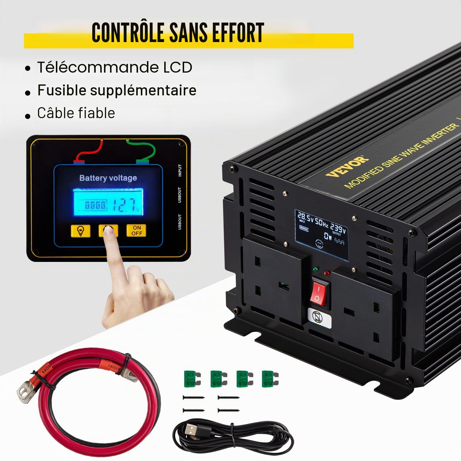 VEVOR Onduleur à Onde Sinusoïdale Modifiée, 2000 W DC 24 V à AC 240 V Onduleur en Alliage d'Aluminium avec Télécommande, Transformateur de Tension pour Appareil Électriques Voiture Ordinateur