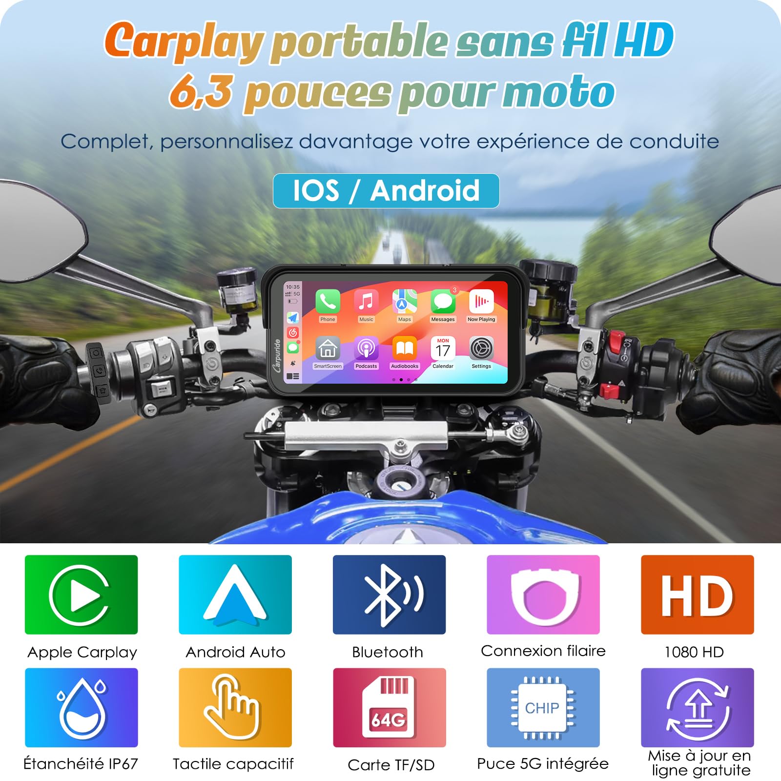 Carpuride W603 Écran Carplay pour Moto, CarPlay sans Fil et Android Auto pour Moto, Télécommande, Écran Tactile Étanche de 6,3 Pouces, Audio BT, Navigation GPS, Siri, Assistant G00gle