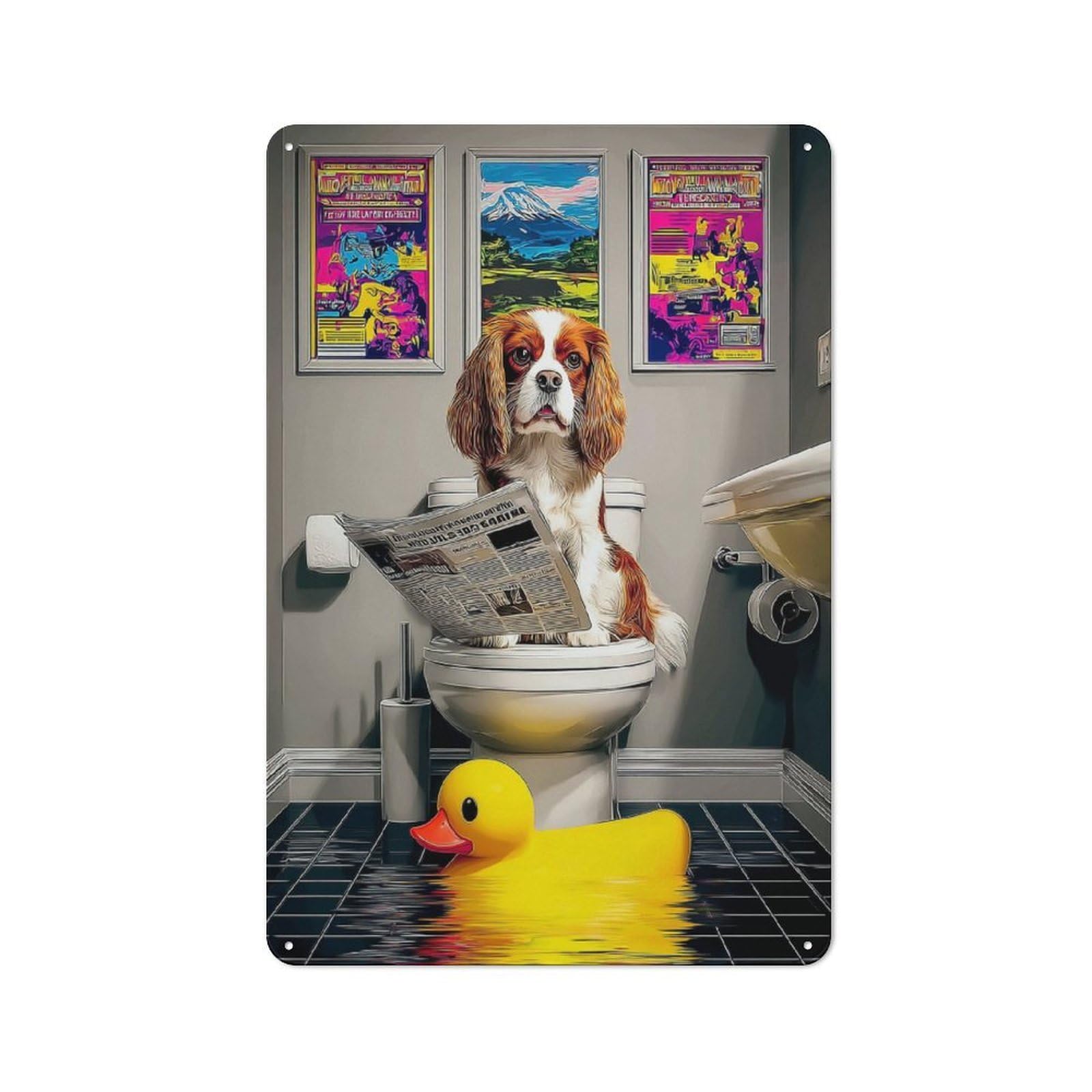 Dog Reading Newspaper in Bathroom-4 Industrial-style Tin Sign 30x20cm for Garage Or Workshop, for Garage, Workshop And Man Cave Decoration