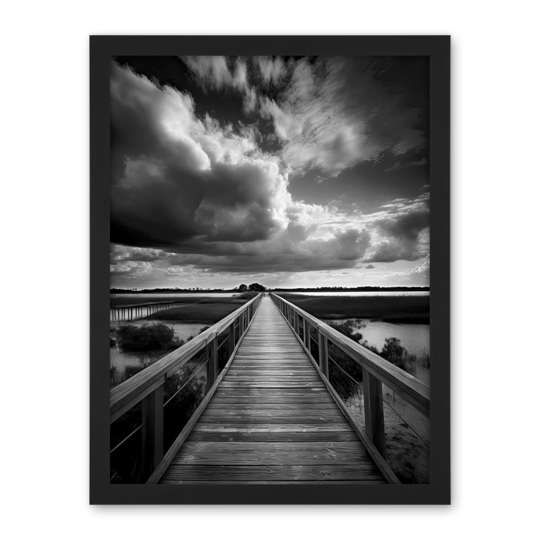 Artery8 Wooden Bridge River Landscape Black and White Artwork Framed Wall Art Print 18X24 Inch