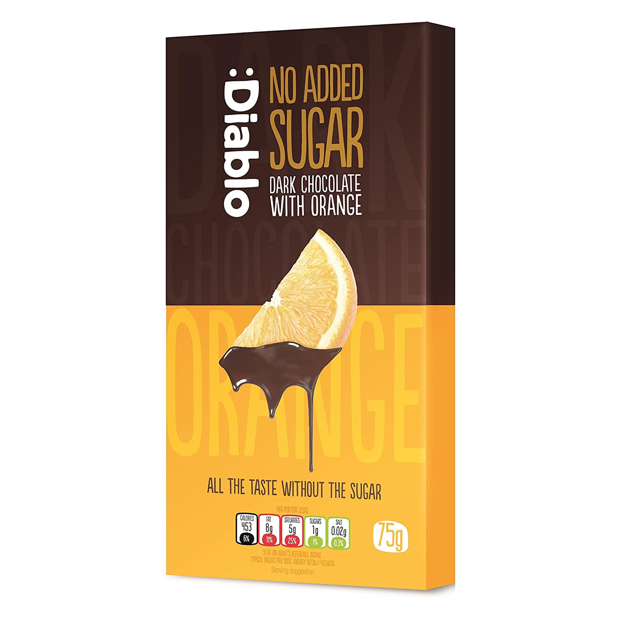 Diablo No Added Sugar Dark Chocolate with Orange – No Added Sugar Chocolate Bar, Sweetened with Stevia, Gluten Free, Ideal for Any Occasion, Birthdays, Valentines, or Gift Hampers, 75g (Pack of 1)