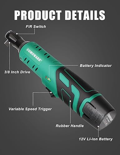 Miniatura 6 de COMOWARE Llave de trinquete eléctrica inalámbrica de 38 pulgadas, kit de trinquete de potencia de 12 V de 40 pies con 1 batería de iones de litio,