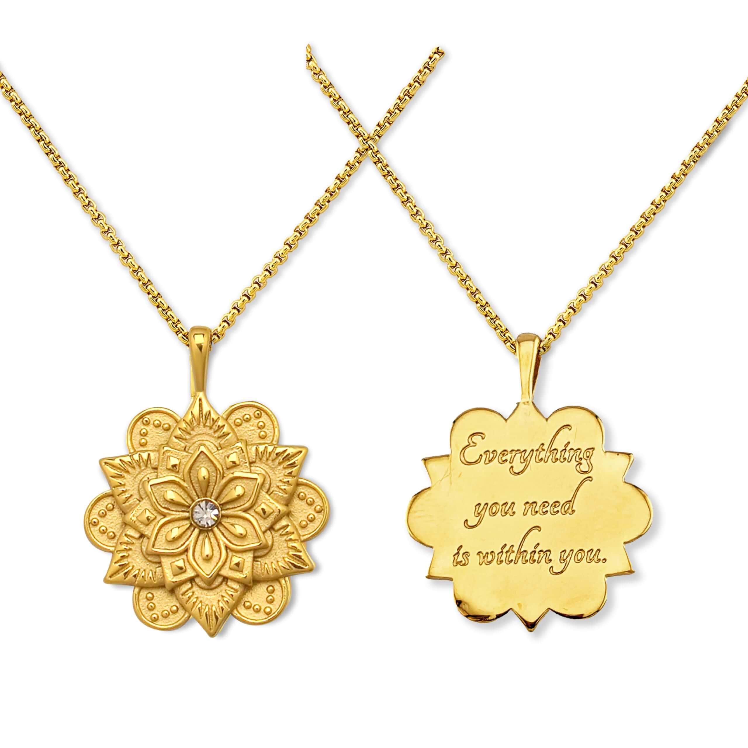 HOPE LOVE SHINE Mandala Necklace Self Love Gift Gold Inspirational Jewelry Inner Strength Spiritual Symbolism Confidence Growth Positive Energy Motivation Stainless Steel Encouragement Birthday