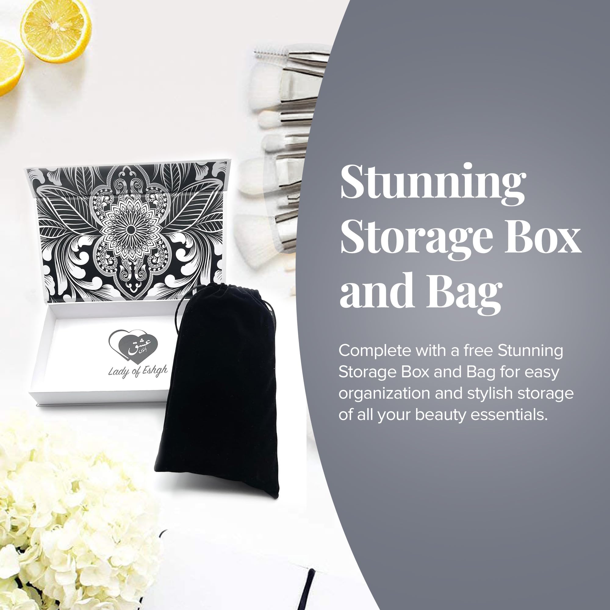 Eshghe-mani von Lady of Eshgh: UR My Love Collection Fine Makeup Pinsel 12-teiliges Vollgesichts-Make-up-Pinsel-Set mit Sammlerbox und eleganter schwarzer Filz-Aufbewahrungstasche.